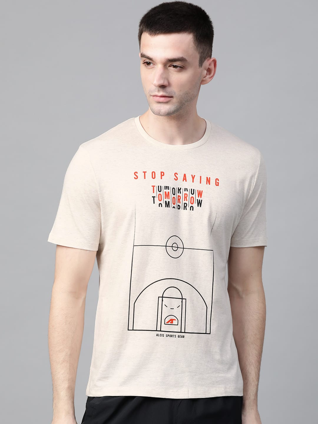 Alcis Men Off-White  Black Printed Round Neck T-shirt