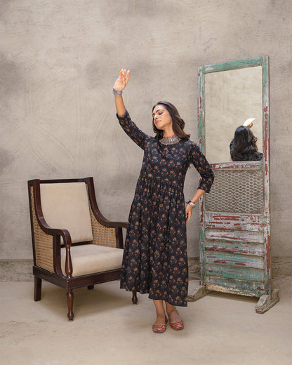 Black Buta Block A-line Dress