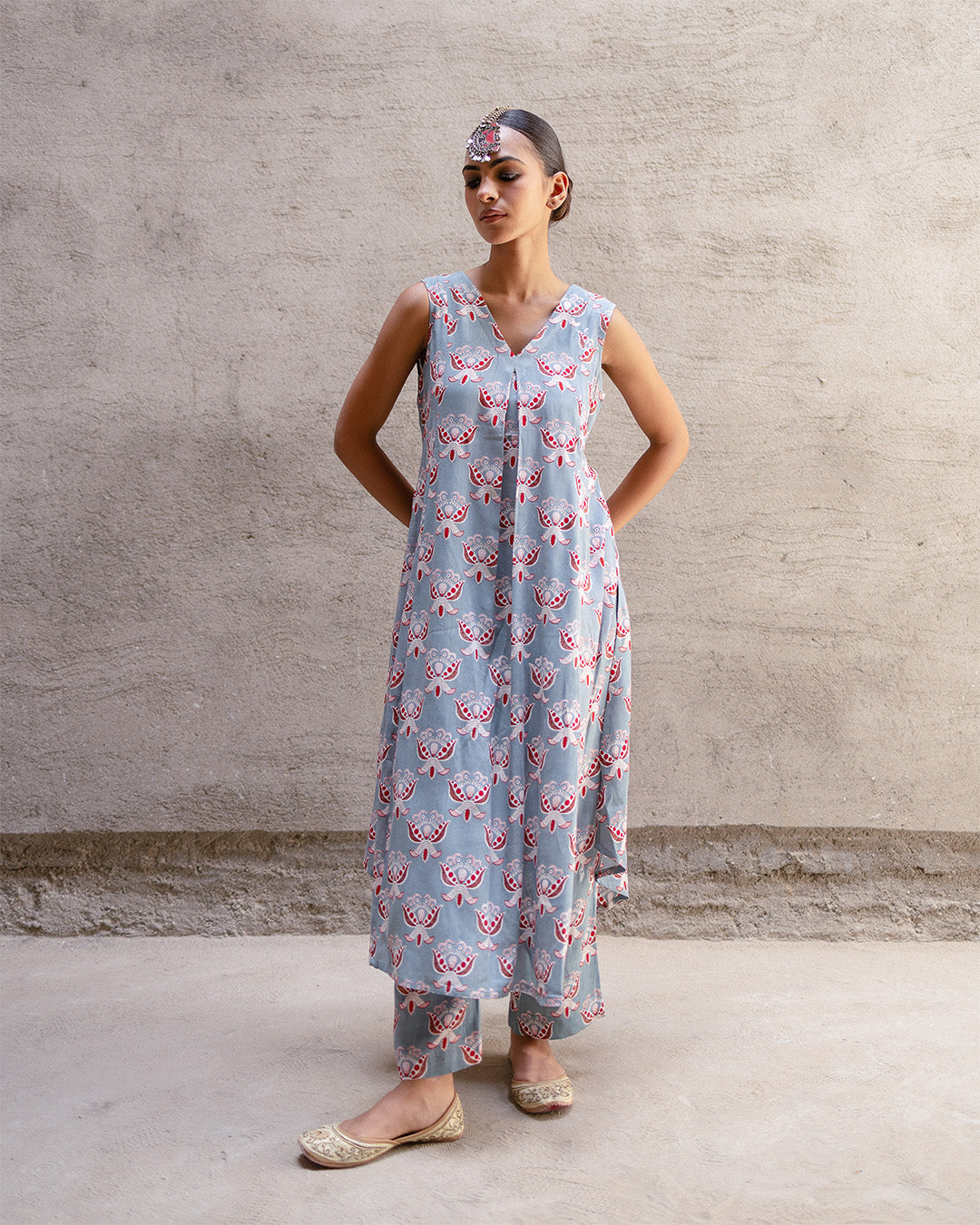 Grey Block Buta A-Line Kurta Set