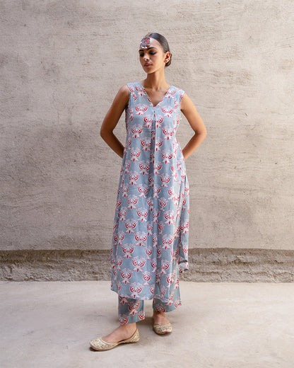 Grey Block Buta A-Line Kurta Set