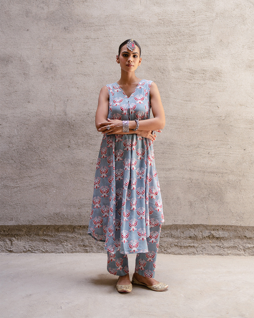 Grey Block Buta A-Line Kurta Set