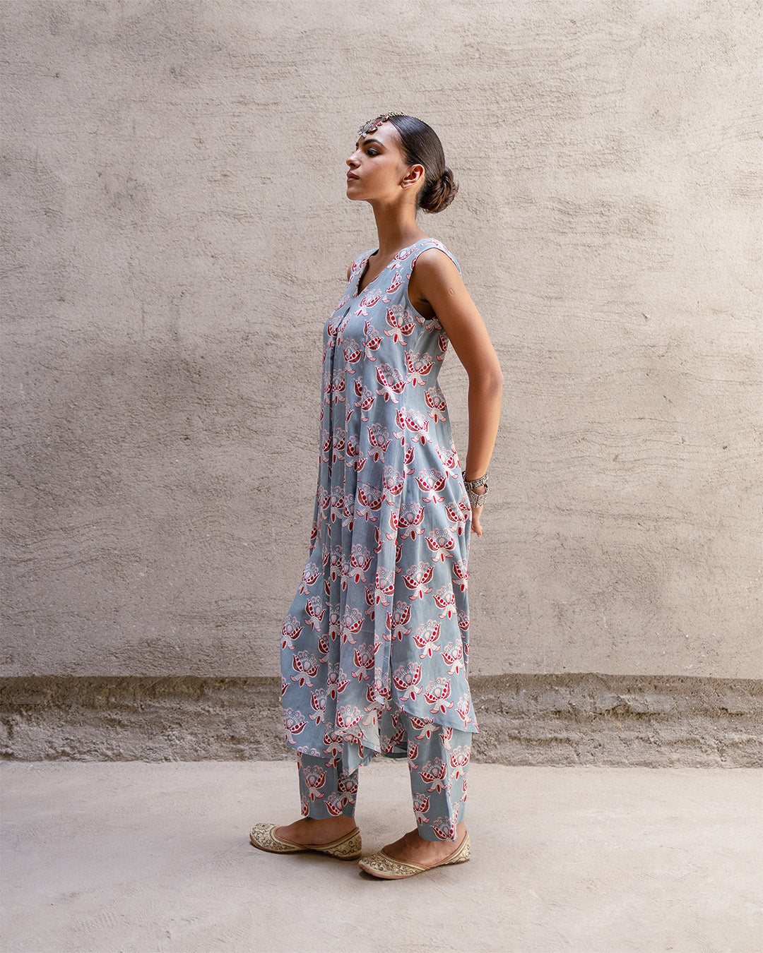 Grey Block Buta A-Line Kurta Set