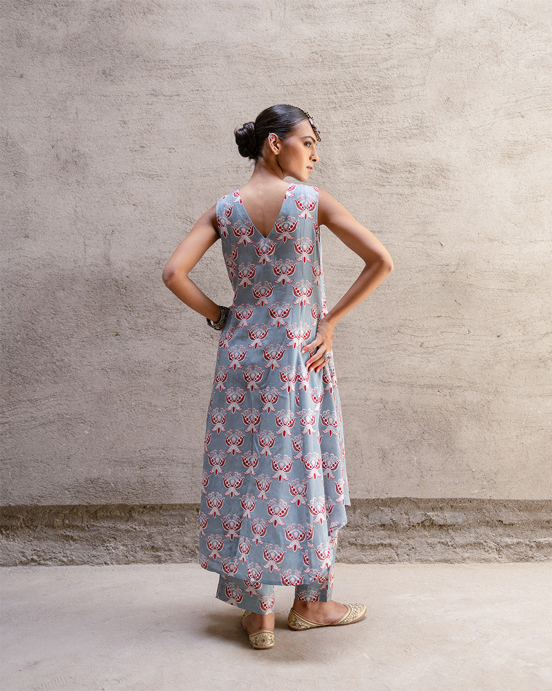 Grey Block Buta A-Line Kurta Set