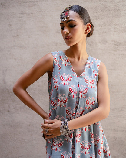 Grey Block Buta A-Line Kurta Set