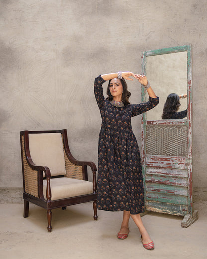 Black Buta Block A-line Dress