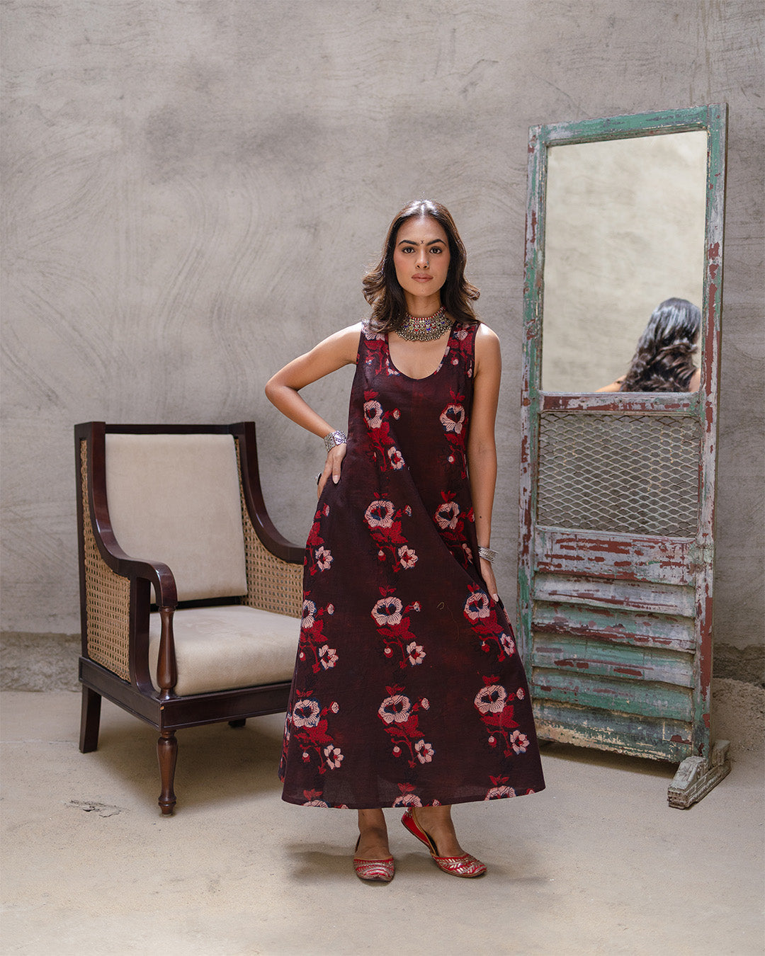Brown Block Big Buta A-Line Dress