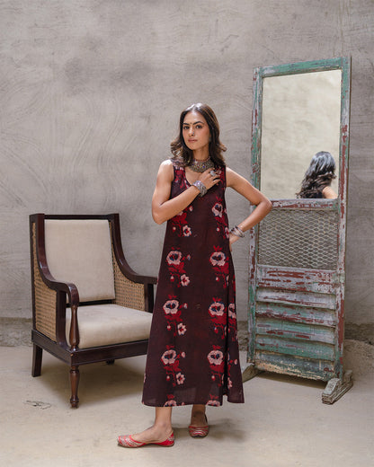 Brown Block Big Buta A-Line Dress