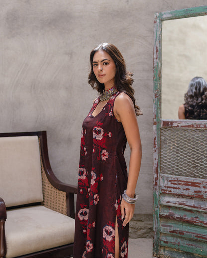 Brown Block Big Buta A-Line Dress