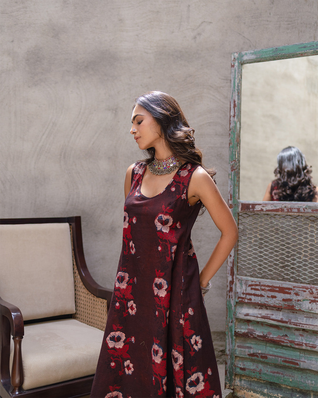 Brown Block Big Buta A-Line Dress