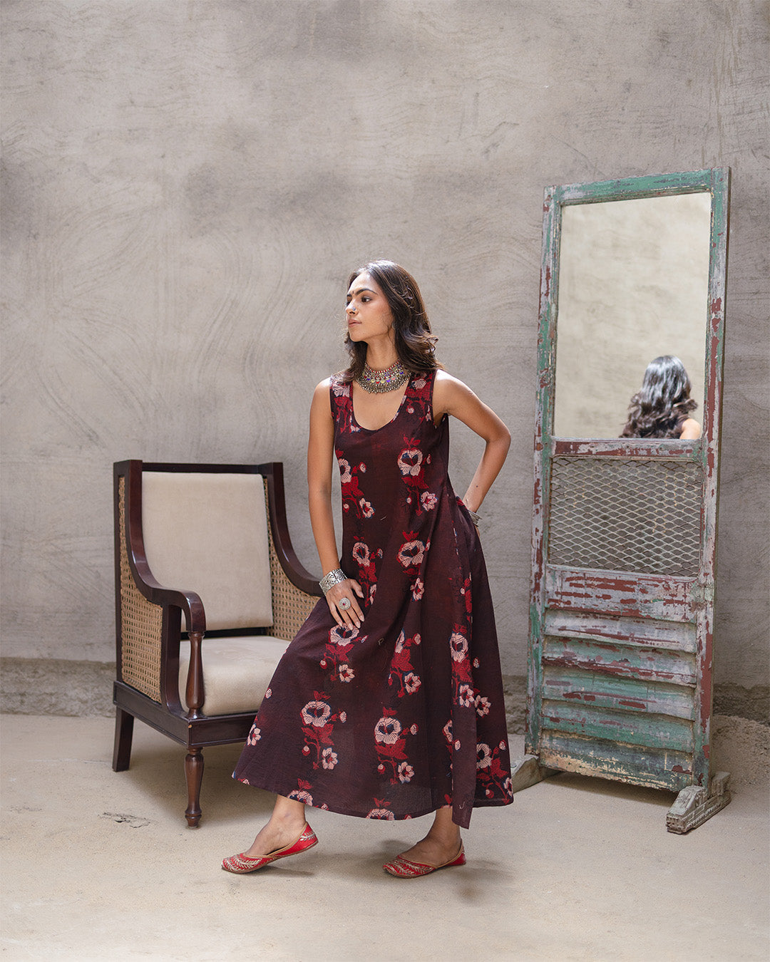 Brown Block Big Buta A-Line Dress