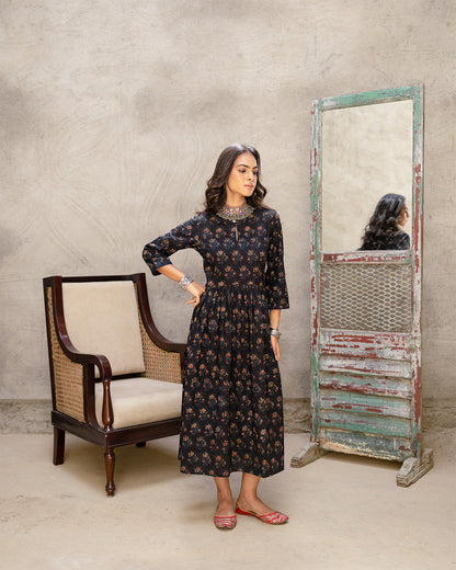 Black Buta Block A-line Dress