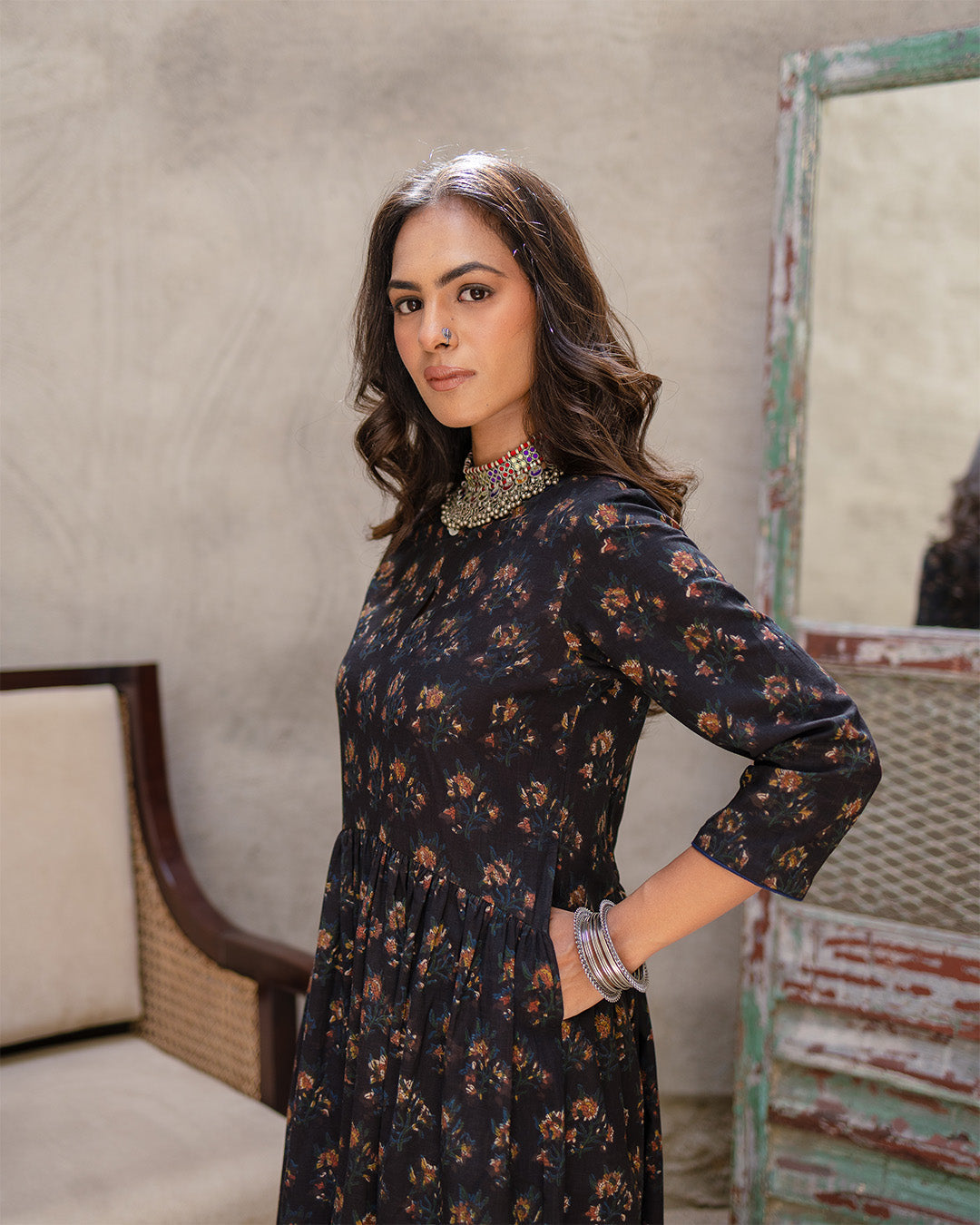 Black Buta Block A-line Dress