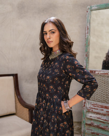 Black Buta Block A-line Dress