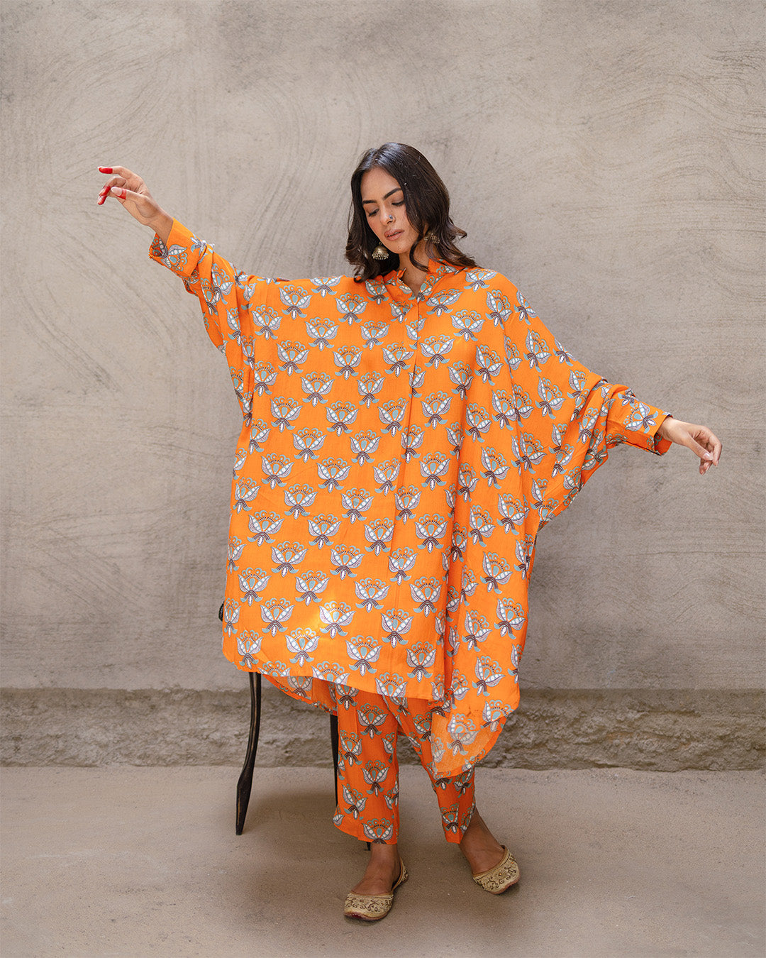 Bright Orange Block Buta Kurta Set