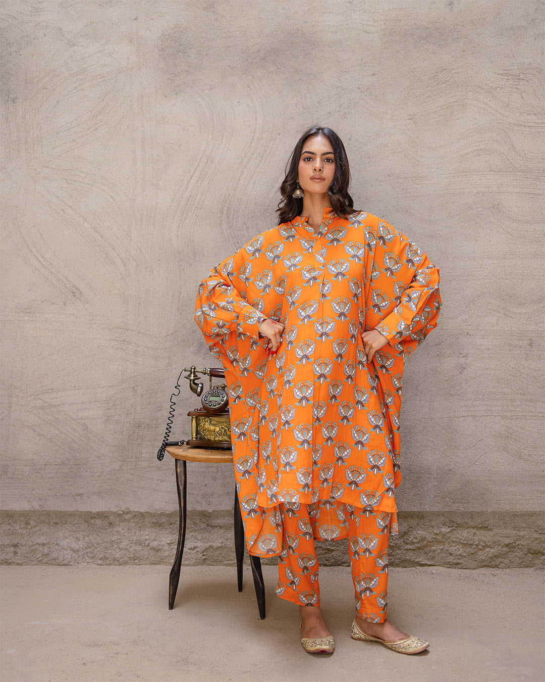 Bright Orange Block Buta Kurta Set