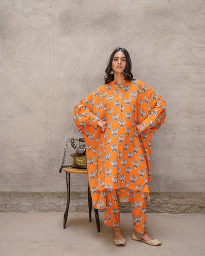 Bright Orange Block Buta Kurta Set