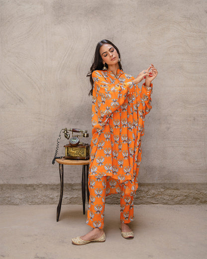 Bright Orange Block Buta Kurta Set