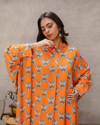 Bright Orange Block Buta Kurta Set