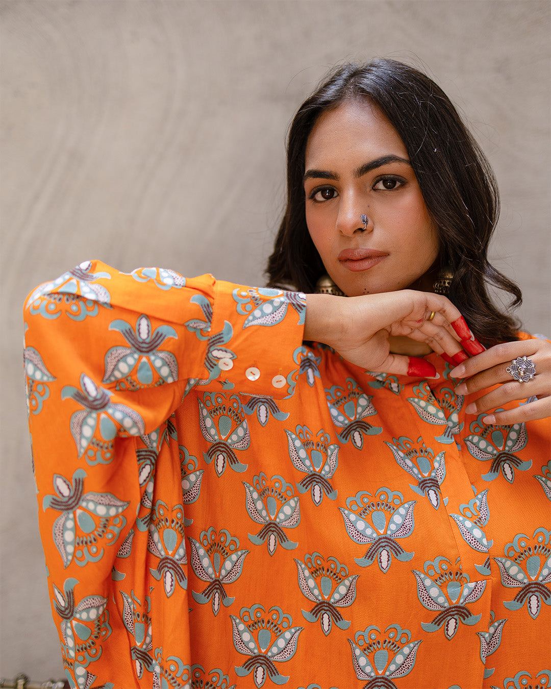 Bright Orange Block Buta Kurta Set