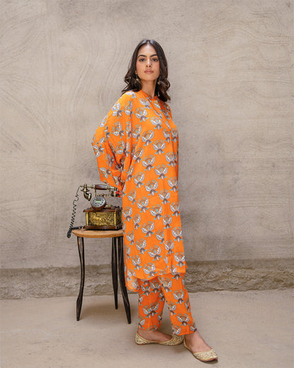 Bright Orange Block Buta Kurta Set
