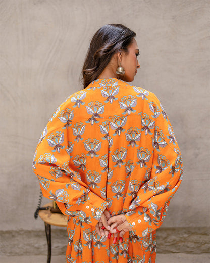 Bright Orange Block Buta Kurta Set