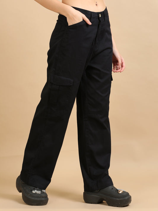 Women's Black Loose Fit Solid Cotton Cargo Trousers