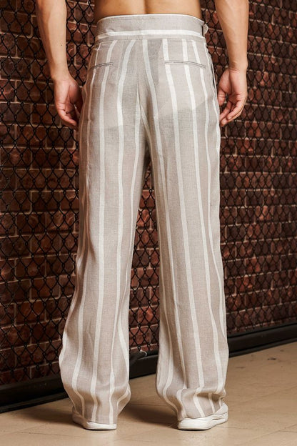 Beige & White Striped Linen Blend Gurkha Trousers