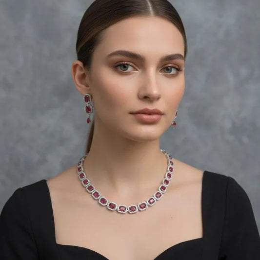 Silver And Ruby Red Stone Studded Necklace And Earrings Set For Women