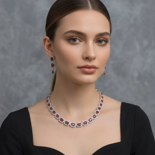 Silver And Ruby Red Stone Studded Necklace And Earrings Set For Women