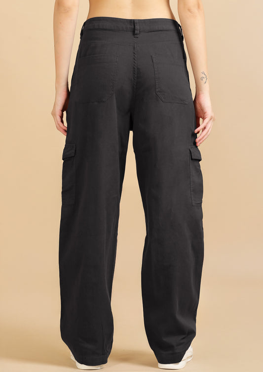 Women's Grey Loose Fit Solid Cotton Cargo Trousers