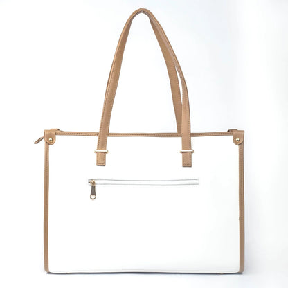 Vanilla taupe box tote bag with stylish handles and a zippered pocket for convenience