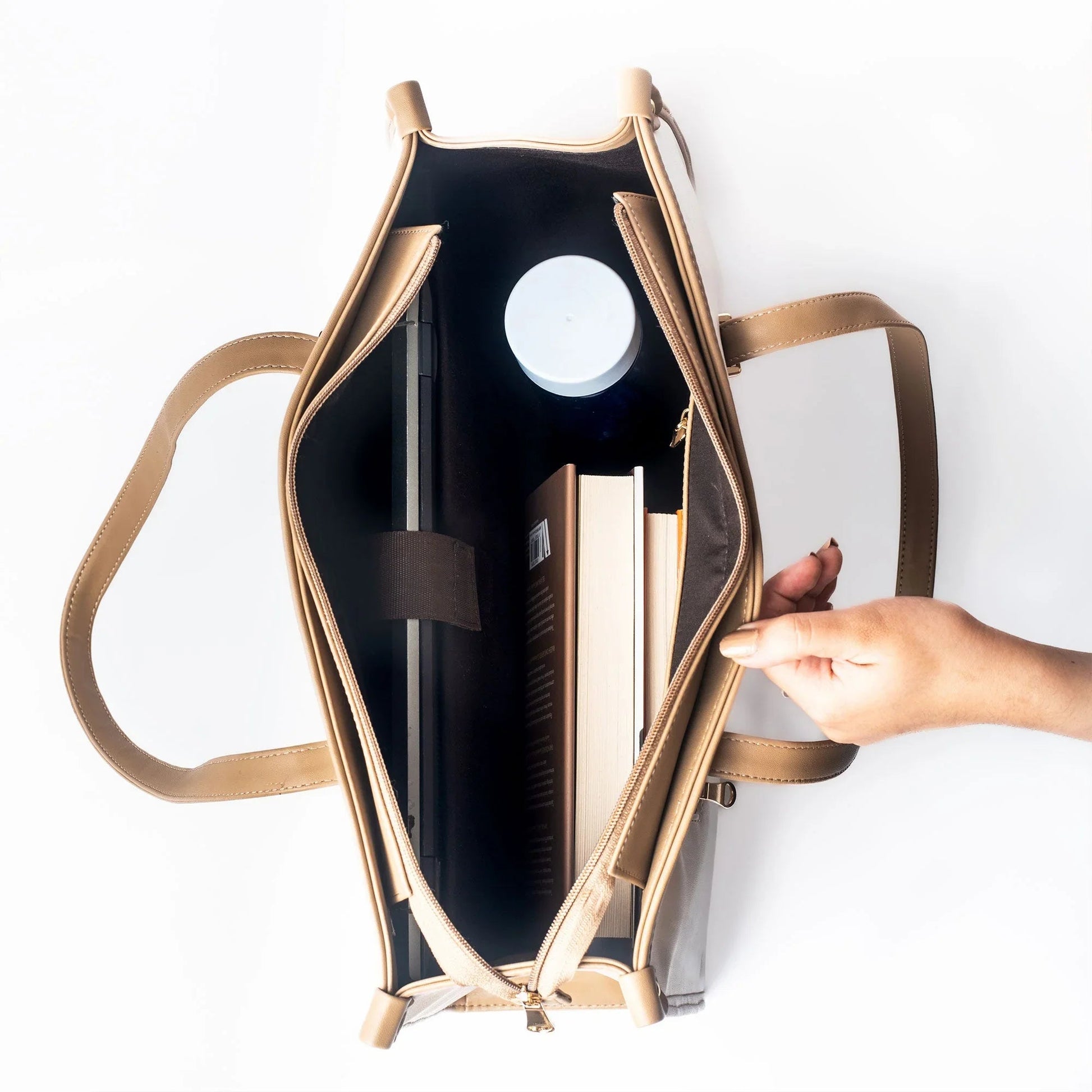 Vanilla taupe box tote bag showing interior with books and a water bottle for stylish organization