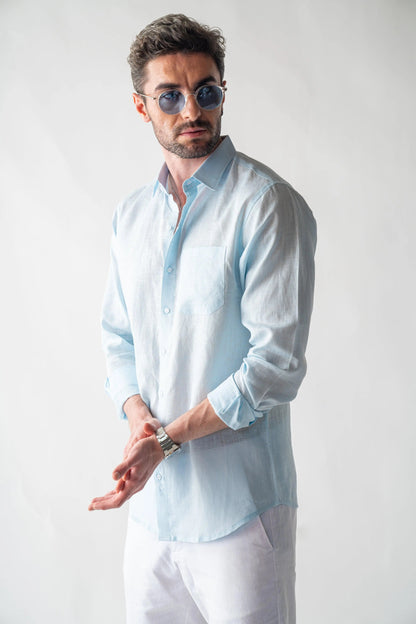 Men's Linen Long Sleeves Baby Blue Shirt Vellure