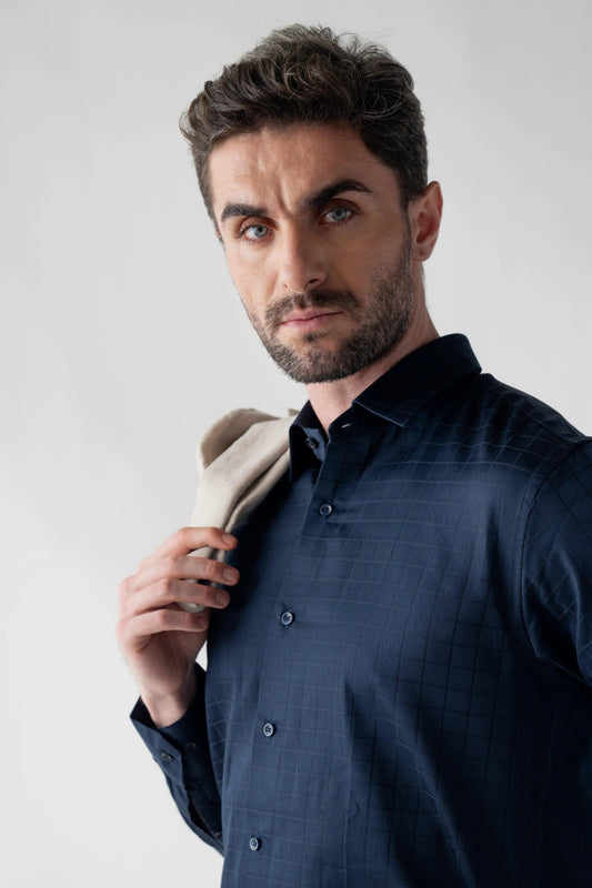 Men's Checkmate Giza Satin Dark Navy Shirt Vellure