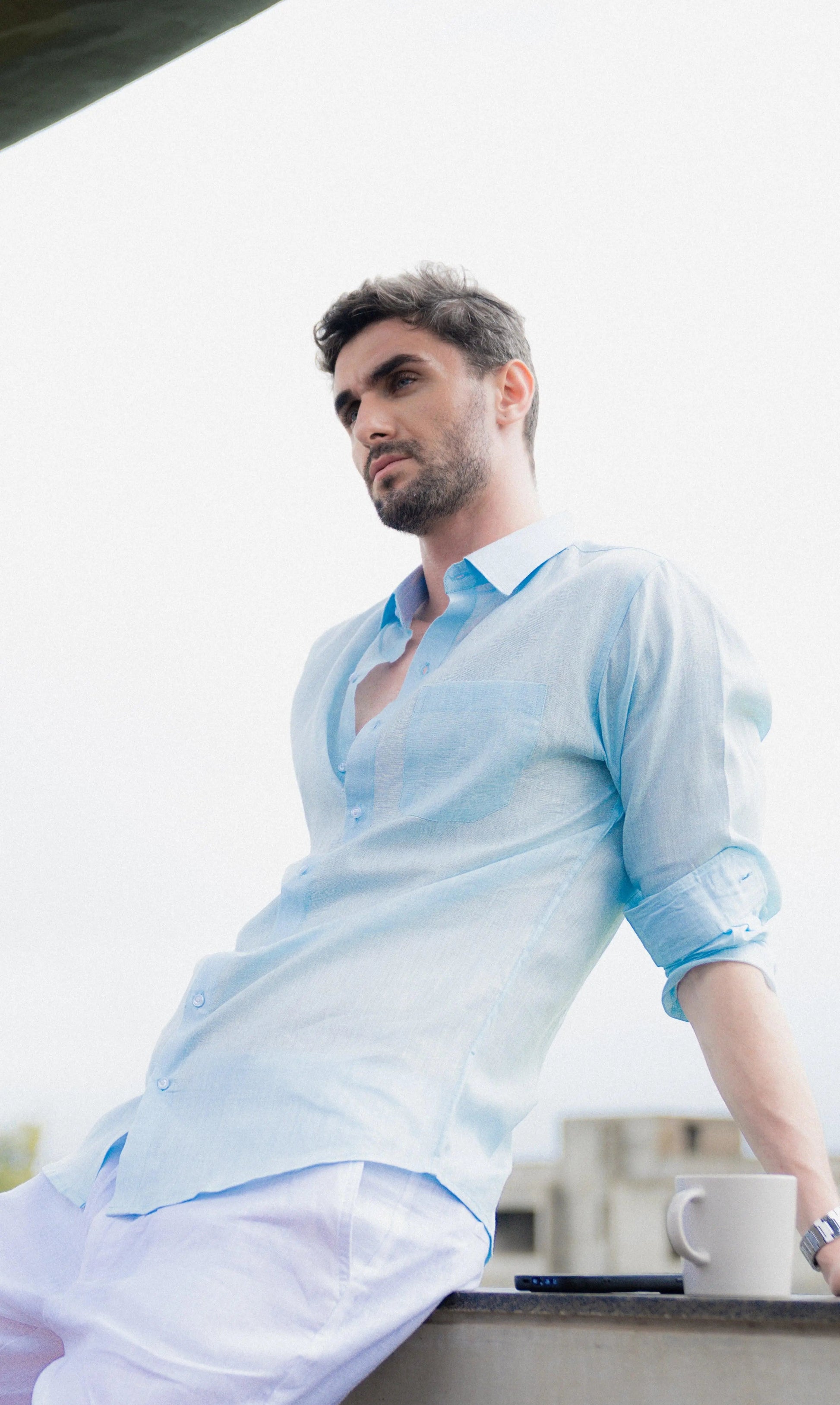 Men's Linen Long Sleeves Baby Blue Shirt Vellure