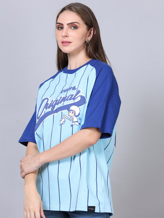 Women's Blue Graphic Knitted Oversized T-Shirt