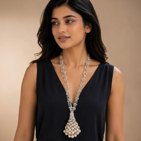 Silver Pearl Beaded Multi Layer Long Necklace For Women