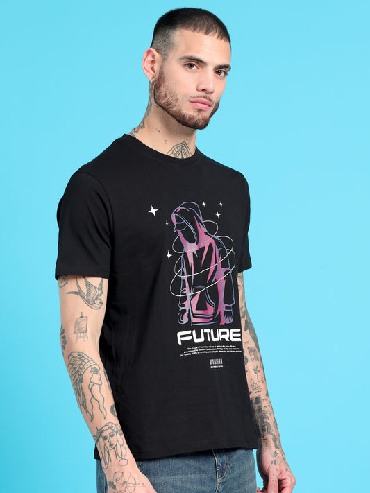 Men's Black Graphic Regular Fit T-Shirt