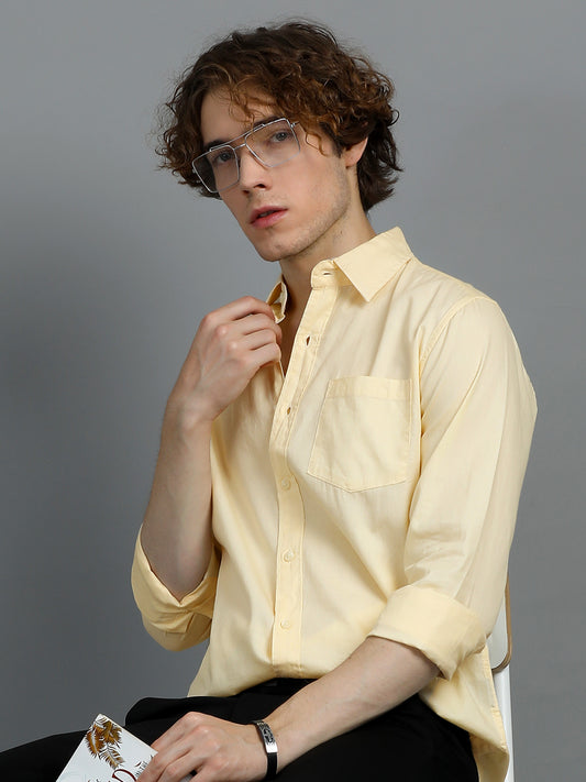 Men's Beige Solid Regular Fit Shirt