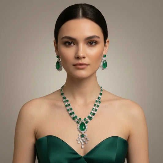 Green Silver Emerald Stone Layered Statement Necklace Earrings Set For Wome