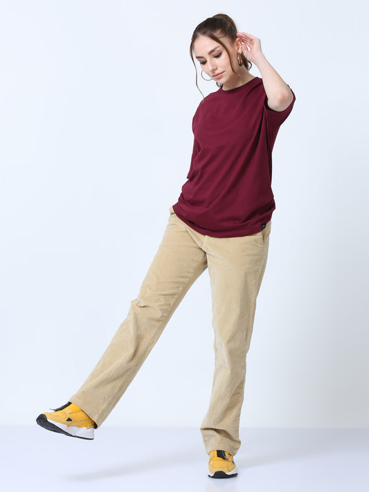 Women's Maroon Solid Knitted Boxy T-Shirt