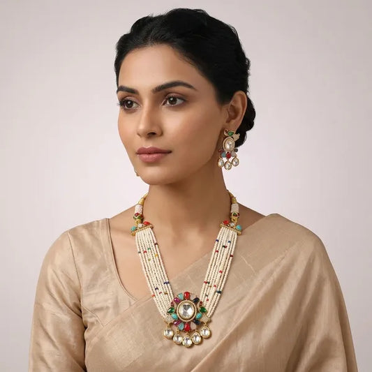 Multicolor Kundan Beaded Choker Necklace Set For Women