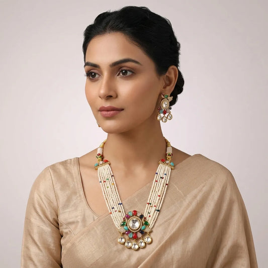Multicolor Kundan Beaded Choker Necklace Set For Women