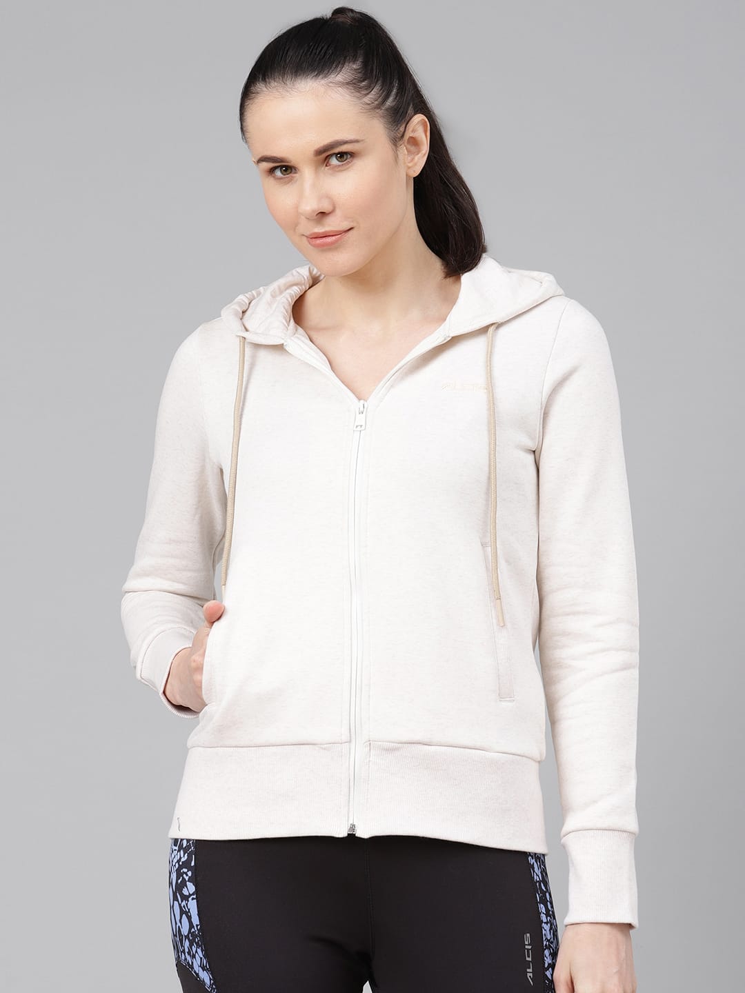 Alcis Women Off-White Solid Hooded Sporty Jacket