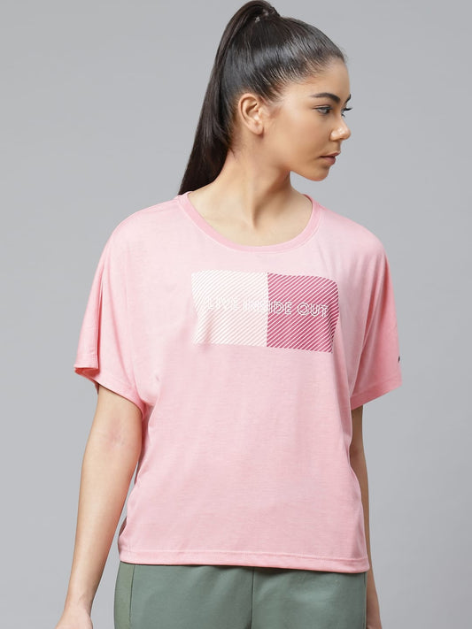 Alcis Women Pink Printed Slim Fit Round Neck T-shirt
