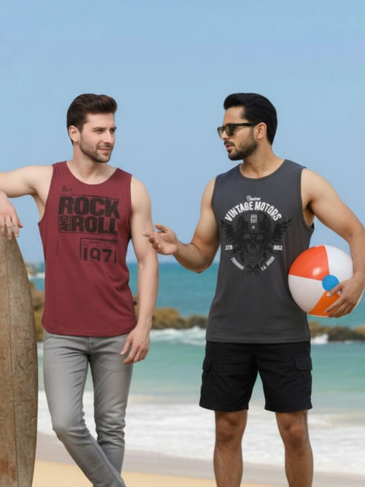 Plus Size Men's Maroon Black and Dark Grey Printed Cotton Sleeveless Combo Vest T-Shirt-Pack of 2