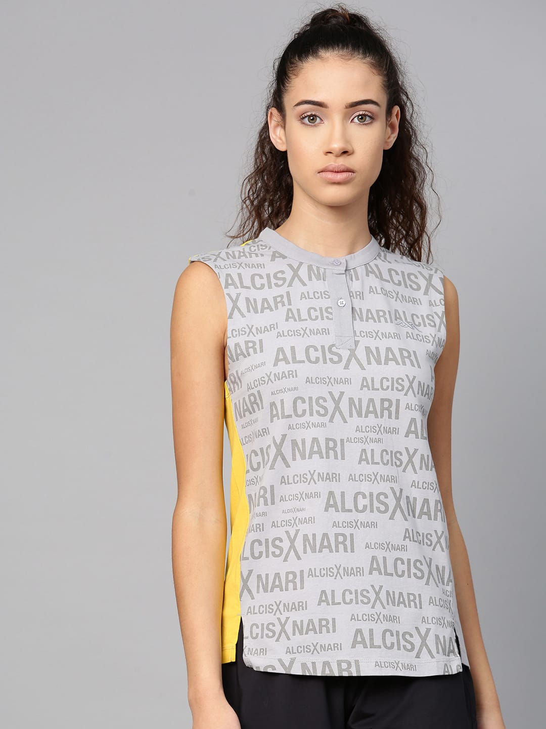 Alcis Women Grey  Yellow Printed Henley Neck Outdoor T-shirt