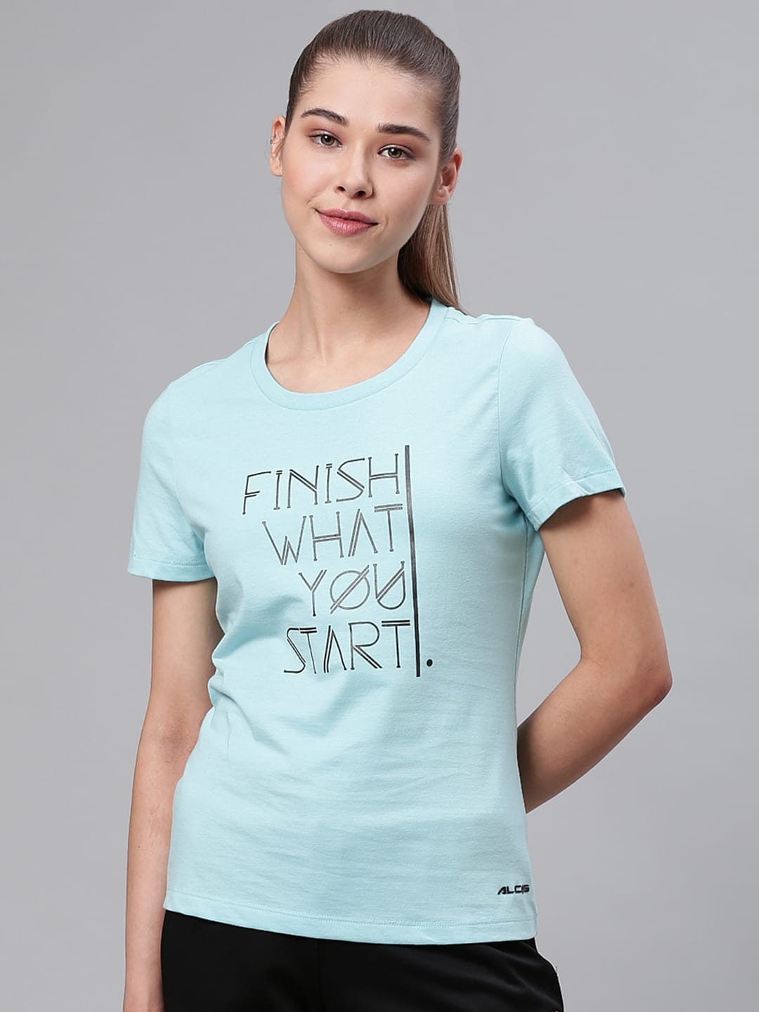 Alcis Women Blue  Black Printed Round Neck Sports T-shirt