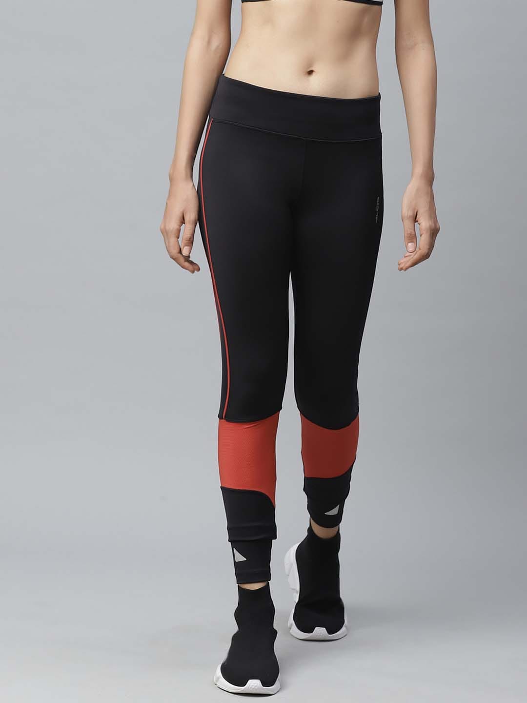 Alcis Women Black  Rust Orange Colourblocked Fitted Cropped Running Tights