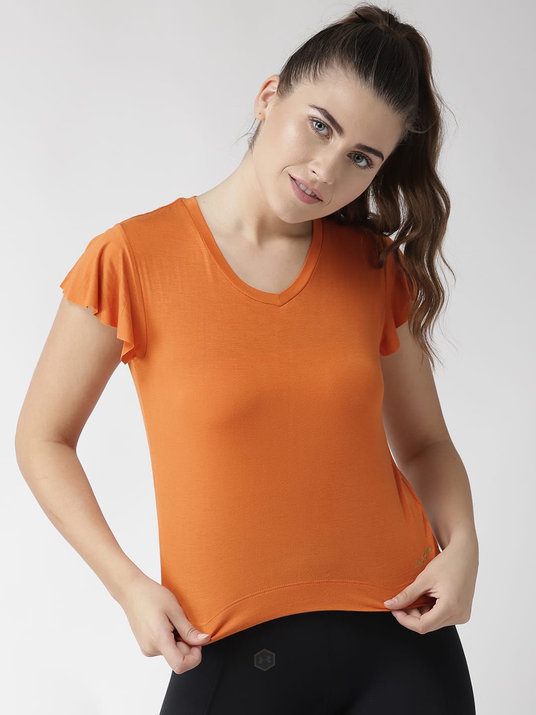 Alcis Women Orange Solid V-Neck T-shirt